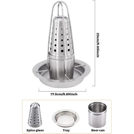 Soporte de acero inoxidable para latas de cerveza y pollos, para parrilla ahumadora, con recipiente para saborizantes, apto para lavavajillas, accesorios para barbacoa, soporte para cerveza, 1 unidad