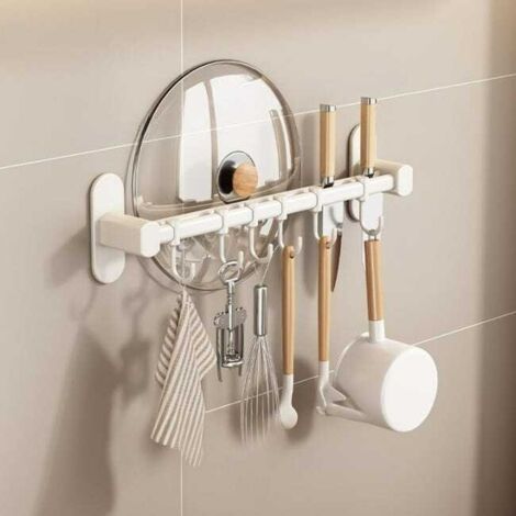 Soporte de aluminio para cuchillos con ganchos, soporte para tapas de ollas - Soporte para cuchillos2 + ganchos6 - blanco, 408,56,5 cm