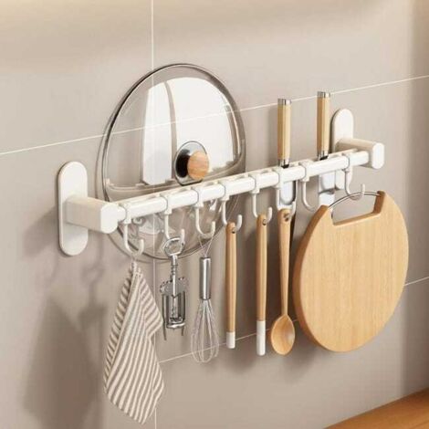 Soporte de aluminio para cuchillos con ganchos, soporte para tapas de ollas - Soporte para cuchillos2 + ganchos8 - blanco 508,56,5 cm