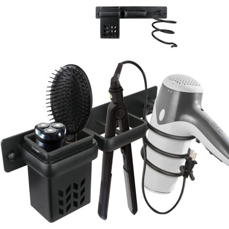 Soporte de aluminio para secador de pelo, organizador de accesorios de baño y estante profesional para plancha de pelo montado en la pared, color negro.