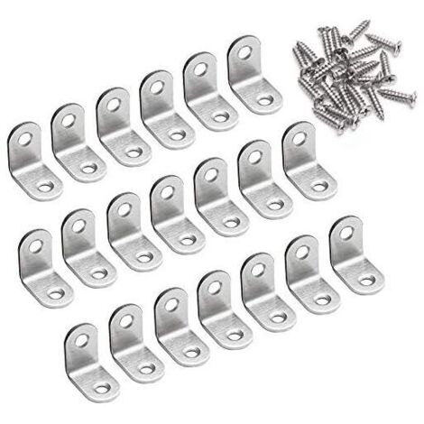 Soporte de ángulo recto de 90 grados, 20 x 20 x 16 mm, en forma de L, de acero inoxidable, para muebles de madera, armarios, 20 unidades. DEBUNS