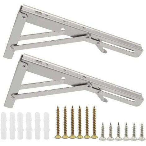 Soporte de consola plegable de acero inoxidable de 250 mm con tornillos plateados, carga máxima 82 kg.