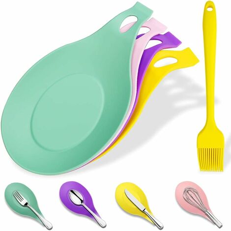 Soporte de cuchara de silicona, soporte de cuchara de cocina flexible de 4 piezas para estufa + cepillo de cocina, soporte para utensilios, soporte para espátula de encimera, apto para lavavajillas y