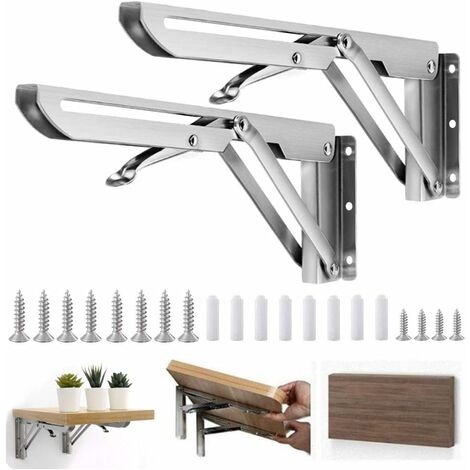Soporte de estante plegable de 300 mm, 2 soportes de consola plegable de acero inoxidable 304, soporte de estante de pared plegable con tornillos de fijación para garaje, cocina, jardín