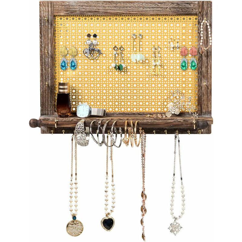 

Soporte de Joyas de Pared Organizador Joyero Rústico con Barra para Pulseras Estante de Madera para Pendientes Collares Pulseras (L)