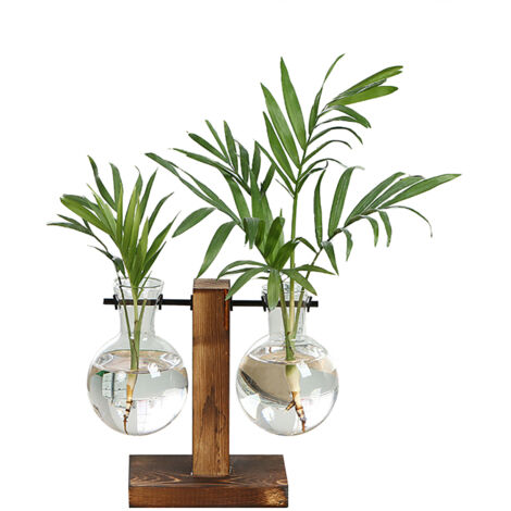 Soporte de madera vintage para jarrones con recipientes de vidrio verticales: estante para plantas en miniatura para la oficina y el hogar.