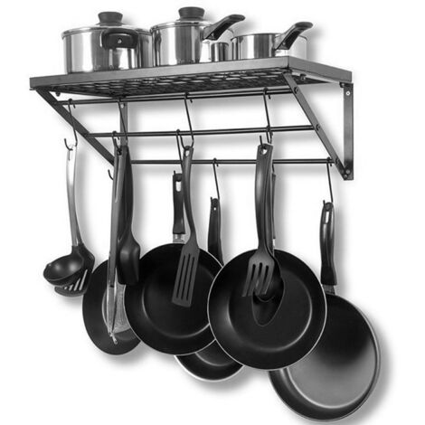 Soporte de metal negro para utensilios de cocina, para montaje en pared, con 10 ganchos. Organizador de cocina para guardar ollas y sartenes.