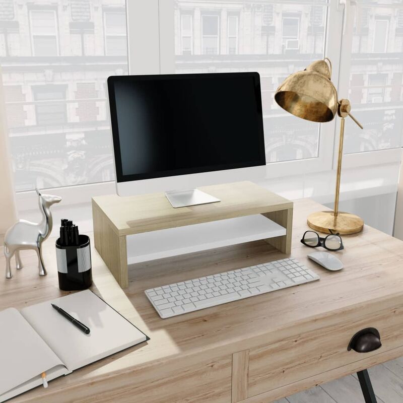 

Happyshopping - Soporte de pantalla aglomerado blanco y roble Sonoma 42x24x13cm