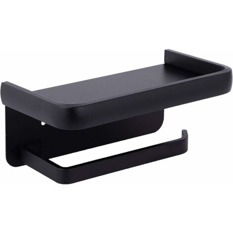 Soporte de papel higiénico de pared con estante, no requiere perforación, soporte de papel higiénico adhesivo de aluminio, soporte para rollo para inodoro y baño, negro