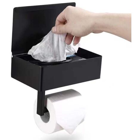 Soporte de papel higiénico de pared, soporte de papel higiénico con estantes y dispensador de toallitas húmedas, soporte de papel higiénico negro para baños
