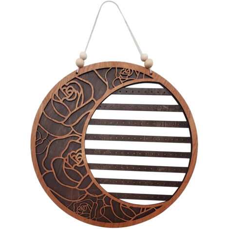 Soporte de pared de madera para joyas con motivo de luna – organizador con compartimentos para collares, pulseras, pendientes y ganchos – blanco o amarillo – diámetro 25 cm