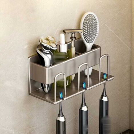 Soporte de pared gris para cepillos de dientes con 3 vasos, caja de almacenamiento para baño, no requiere taladrar, metal resistente, 20 × 7,5 × 8 cm