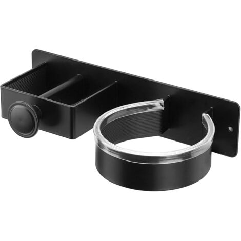 Soporte de pared negro para secadores de pelo y herramientas de peinado - Instalación sin taladros - Compatible con la mayoría de secadores de pelo y herramientas de peinado.