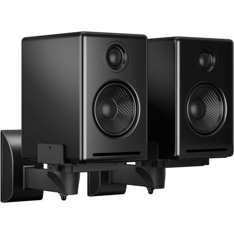 Soporte de pared para altavoces de estantería con doble abrazadera para altavoces de sonido envolvente grandes (hasta 25 kg cada uno), color negro.