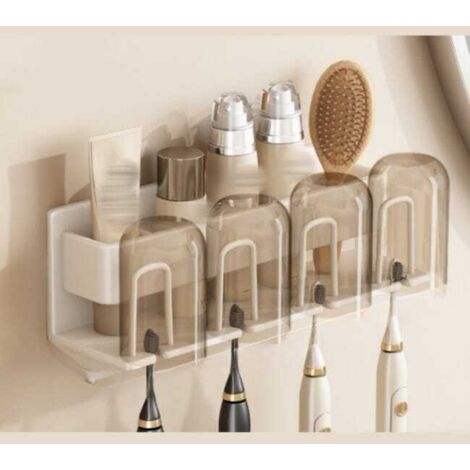 Soporte de pared para cepillo y pasta de dientes con 4 compartimentos, organizador de baño, metal resistente, instalación sin taladro, 26 × 7,5 × 8 cm