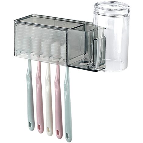 Soporte de pared para cepillos de dientes de 5 compartimentos con tapa, autoadhesivo, ideal para la ducha. Incluye ganchos para pasta de dientes y cepillos de dientes. Perfecto para el baño, el botiqu
