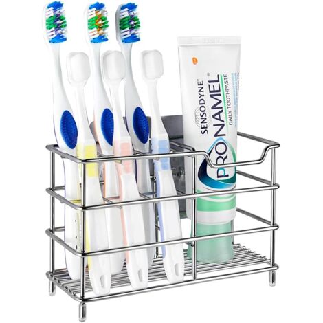 Soporte de pared para cepillos de dientes, estante de almacenamiento de baño de acero inoxidable, multifuncional con 7 ranuras para cepillo de dientes eléctrico, pasta de dientes, maquinilla de afeita