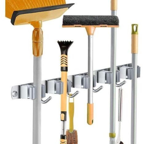 Soporte de pared para escobas, estante de acero inoxidable para escobas, colgador de almacenamiento para cocina, lavadero y organización del garaje (5 ranuras y 4 ganchos)