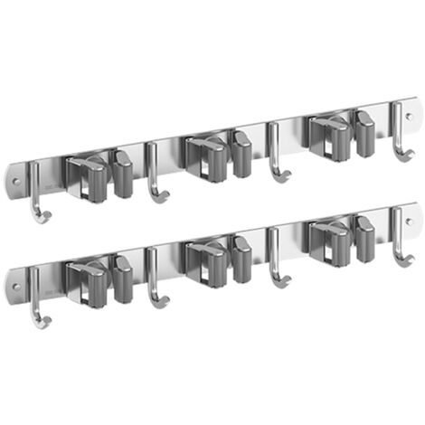 Soporte de pared para escobas fabricado en acero inoxidable 304 con 2 soportes, 3 estantes y 4 ganchos: soporte para escobas, soporte para fregonas y organizador de pared (juego de 2 piezas, gris).