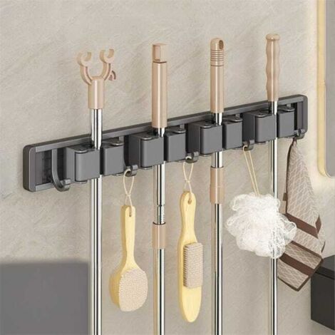 Soporte de pared para escobas, organizador de baño, no requiere taladrar, 4 tarjetas, 5 ganchos, gris oscuro