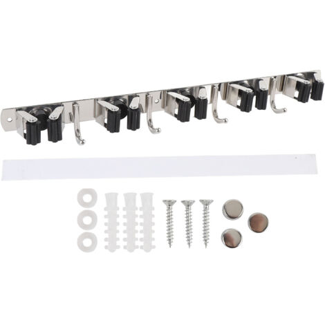 Soporte de pared para escobas, organizador de pared fabricado en acero inoxidable 304 con 5 ranuras y 4 ganchos para garaje, lavadero o armario.