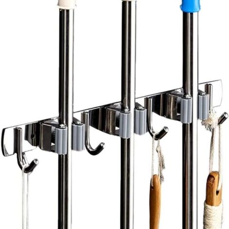 Soporte de pared para escobas - Soporte de acero inoxidable para escobas, cocina, garaje y lavandería (3 ranuras y 4 ganchos)