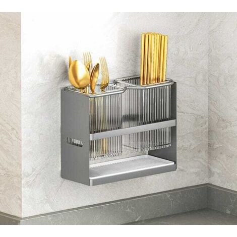 Soporte de pared para palillos de acero al carbono, práctico soporte para cuchillos y cubiertos, color gris, tamaño pequeño, 22 x 16 x 15 cm.
