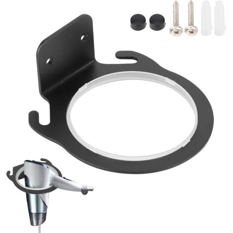 Soporte de pared para secador de pelo de baño, soporte negro para secador de pelo, soporte de aluminio con tornillos y junta.