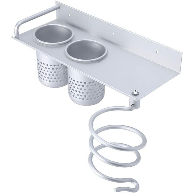 

Soporte de pared para secador de pelo para colgar, secador de pelo de aluminio multifuncional y 2 tazas para guardar cepillos de dientes