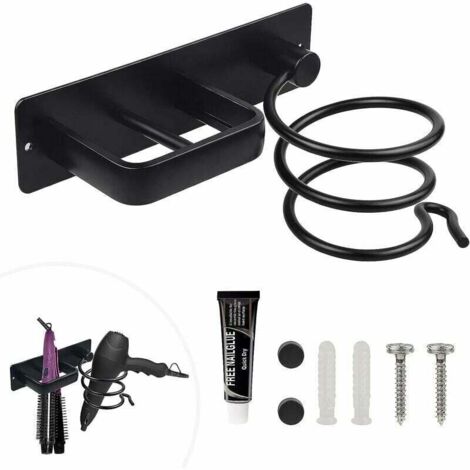 Soporte de pared para secador de pelo, soporte para plancha de pelo con soporte para cable para guardar secador y plancha, perforable y adhesivo, dos métodos de instalación, negro