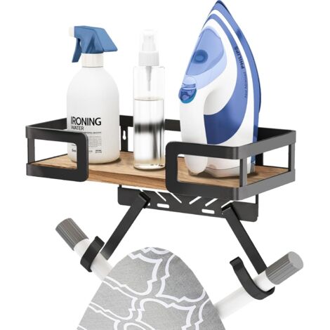 Soporte de pared para tabla de planchar con cesta de almacenamiento grande y ganchos resistentes – Estante para plancha y tabla de planchar para lavandería – Capacidad para plancha y tabla de planchar
