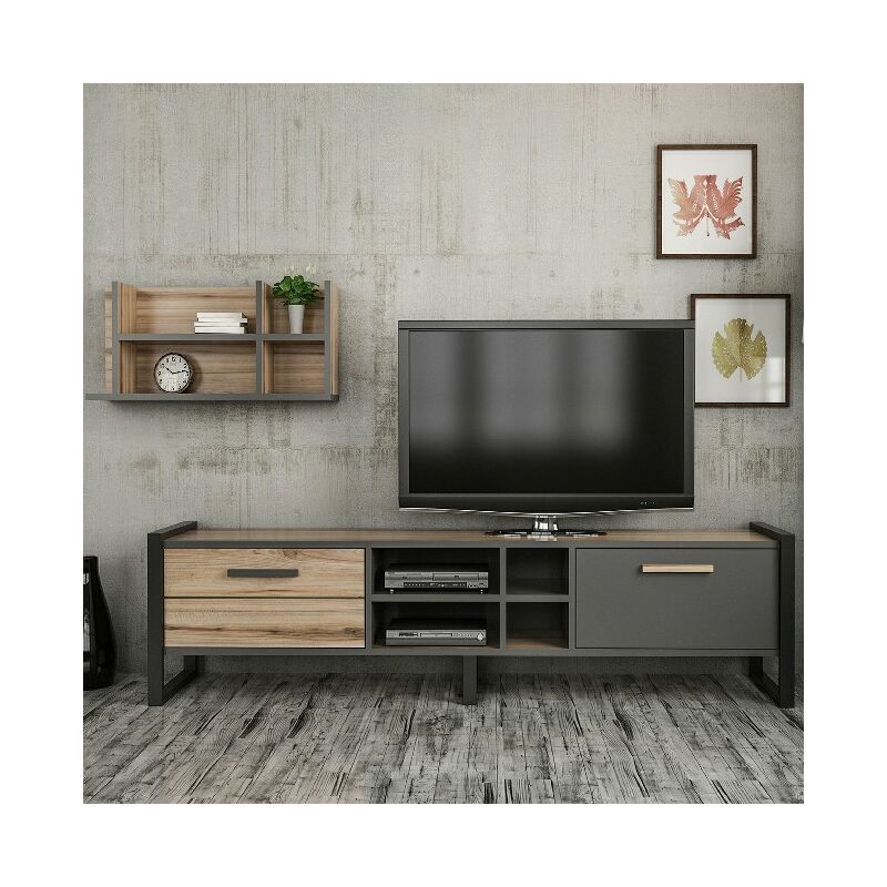 

Soporte de TV Leno - Moderno - con Puertas, Estante, Estantes - Sala de estar - Nogal, Antracita, Madera Negra, 184 x 39 x 45 cm