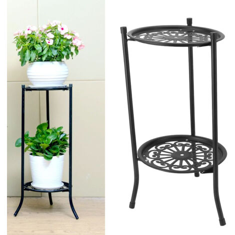 Soporte doble de metal negro para plantas de 50 cm – Estante multifuncional de 2 niveles para flores, ideal para balcón, entrada y jardín.