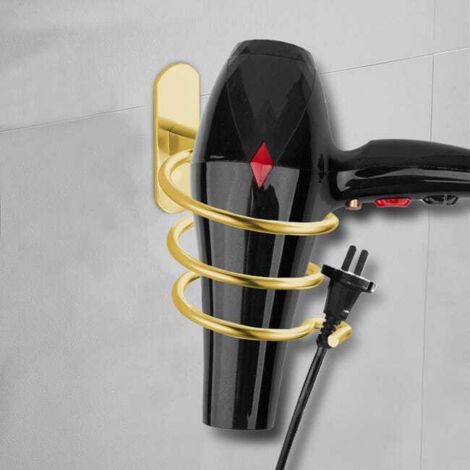 Soporte espiral para secador de pelo, soporte de pared de aluminio para secadores de pelo sin necesidad de taladrar, color dorado.