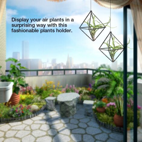 Soporte geométrico para plantas aéreas, 6 x 6 x 9 cm, hierro negro decorativo.