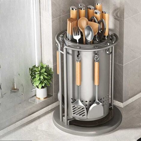 Soporte giratorio para cuchillos de cocina, estante de acero al carbono, organizador de una sola pieza, multifuncional, 3919 cm, gris.