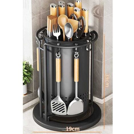 Soporte giratorio para cuchillos de cocina, estante de acero al carbono, organizador de una sola pieza, multifuncional, 3919 cm, negro.