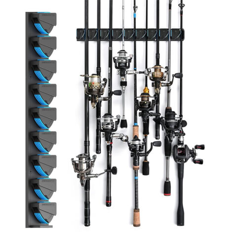 Soporte horizontal/vertical para cañas de pescar, montaje en pared, techo para hasta 9 cañas o combinación, apto para garaje, compatible con la mayoría de cañas de pescar de 3 a 19 mm de diámetro (azu