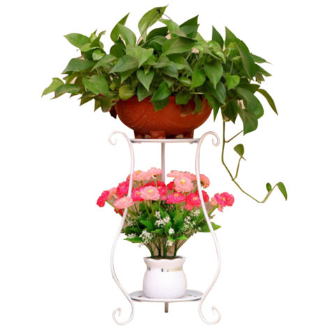 Soporte metálico de dos niveles para plantas, macetas, estante de exhibición y organizador de almacenamiento para balcón, jardín y decoración del hogar.