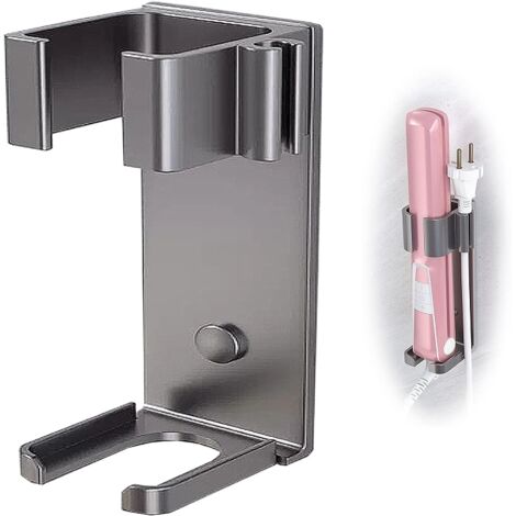 Soporte metálico para rizador de pelo de acero inoxidable, montaje en pared sin necesidad de taladrar, apto para rizador y plancha de pelo, resistente a altas temperaturas (gris)