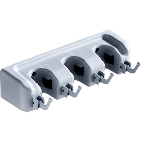 Soporte multifuncional de pared para escobas y trapeadores, sin necesidad de taladrar, para cocina, lavandería, jardín y garaje (3 ranuras y 4 ganchos).