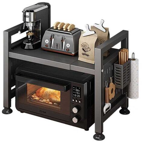 Soporte multifuncional extensible para microondas, color gris oscuro, con doble estante y 6 ganchos.