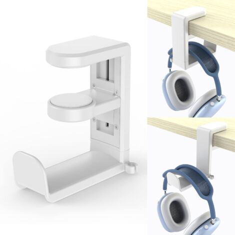 Soporte para auriculares ajustable, soporte para auriculares de escritorio, soporte para auriculares para juegos con rotación de 360° y clip de alambre para mesa, estante，Blanco