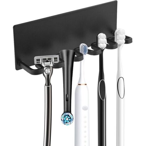Soporte para cepillo de dientes de acero negro con 5 orificios, montaje adhesivo sin perforaciones, apto para cepillos de dientes eléctricos, para baño, espejo de pared, ducha inclinada, n