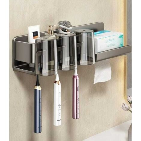 Soporte para cepillos de dientes sin taladrar, soporte multifuncional de pared para cepillos de dientes con vaso, aluminio, gris oscuro, para 3 personas, con vaso