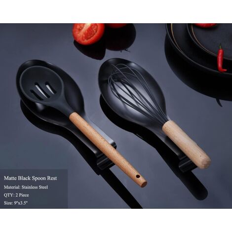 Soporte para cucharas negro de 2 piezas, soporte de acero inoxidable para cucharas de vitrocerámica, soporte para pinzas, soporte para espátulas, soporte para cuchillos y soporte para cucharas, apto p