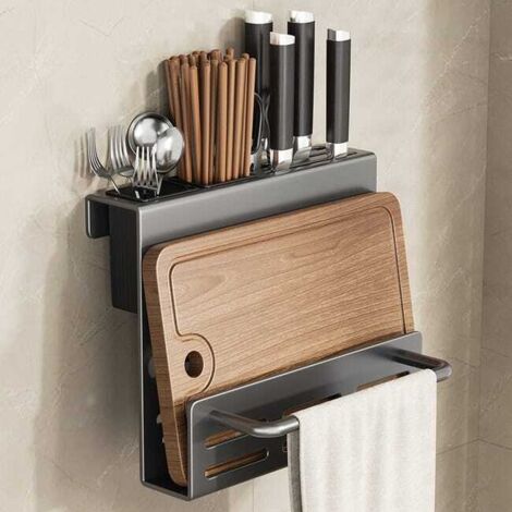 Soporte para cuchillos de cocina de acero al carbono: elegante estante de pared para una cocina bien organizada.