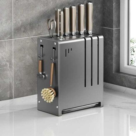 Soporte para cuchillos de encimera de acero inoxidable para cocina con cilindro para palillos, gris oscuro, 22,51124 cm