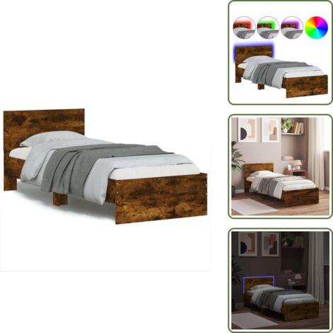 Soporte para espalda - vidaXL Estructura de cama cabecero luces LED roble ahumado 90x200 cm - Madera contrachapada
