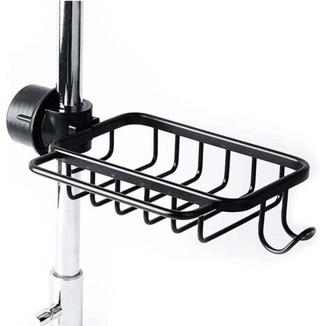 Soporte para esponja de grifo con gancho, cesta de aluminio, soporte para fregadero de cocina, soporte para ducha, estante para jabón o champú (negro mejorado)